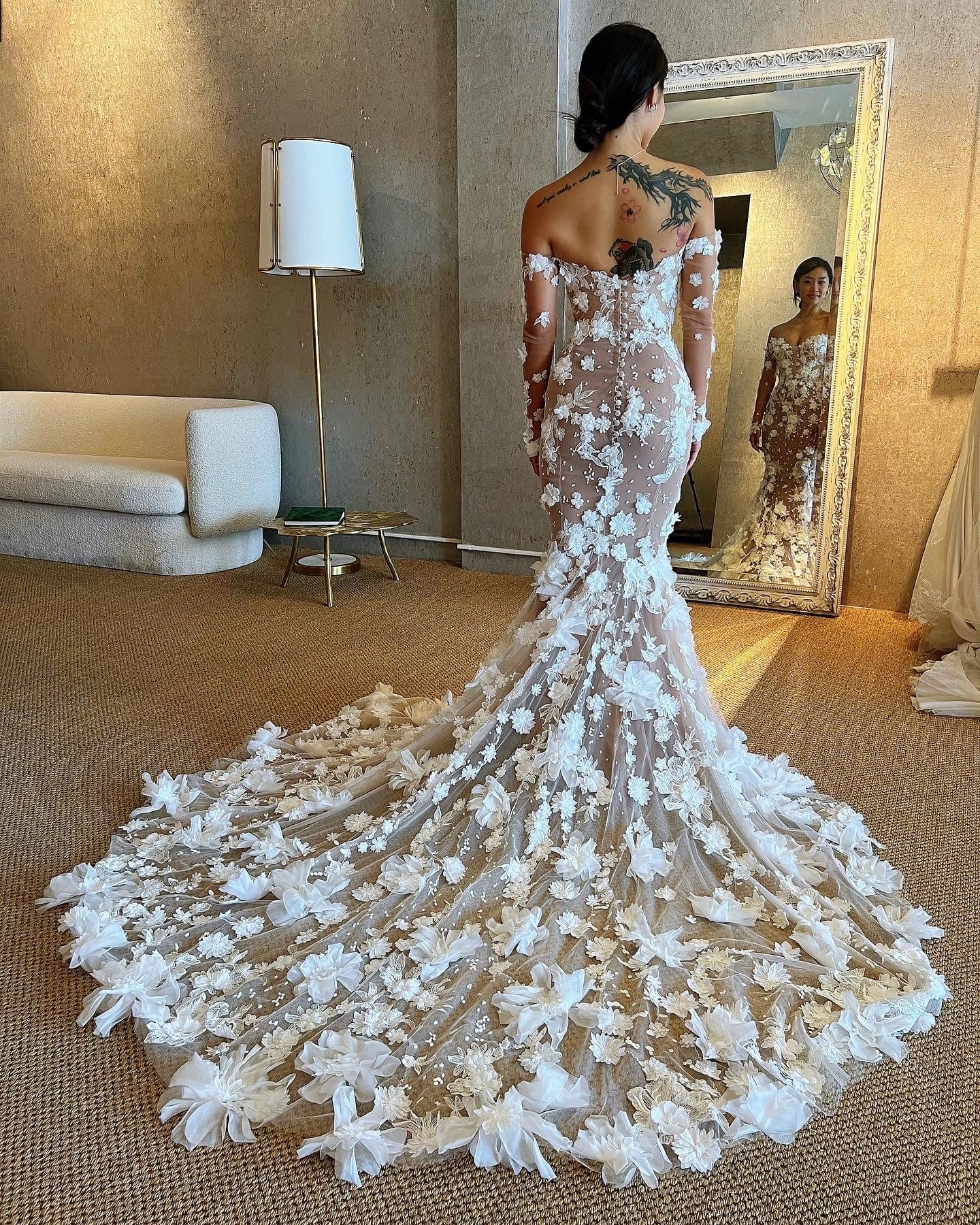 Custom Tulle - 3D Lace Mermaid Wedding Dress Long Sleeves, Nude