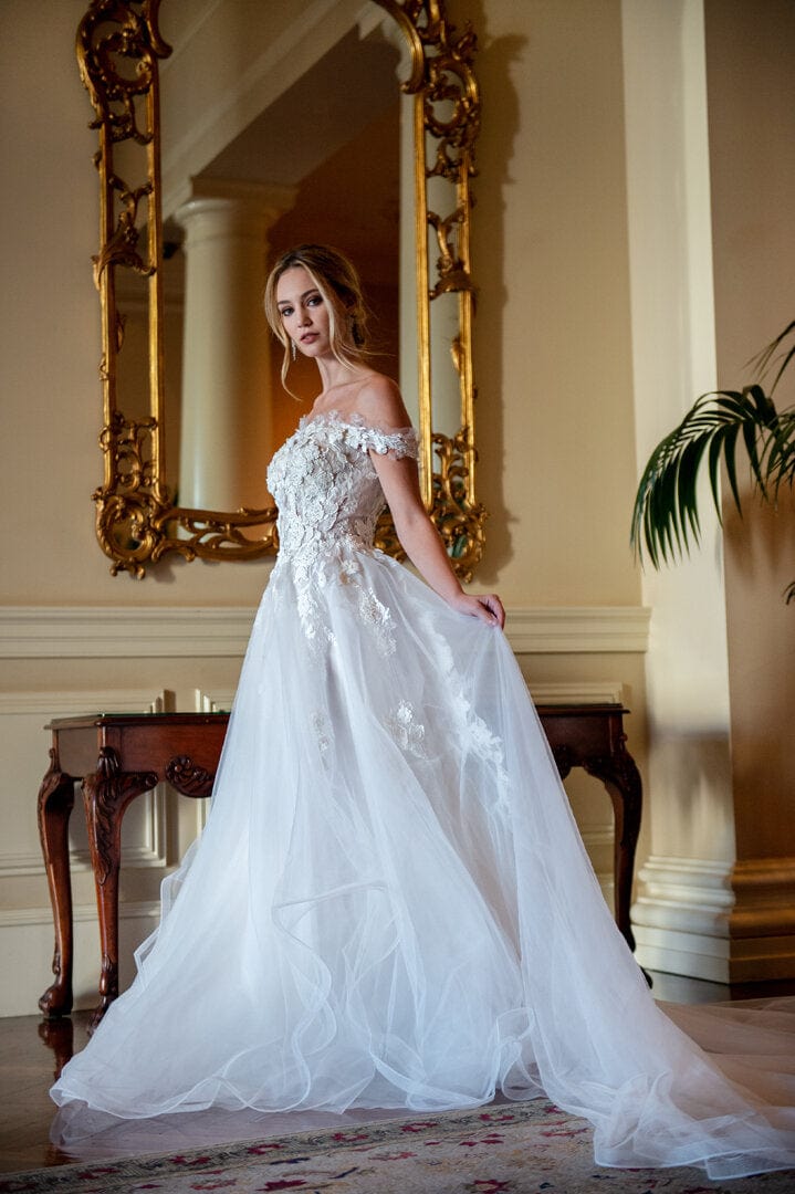 Layered Tulle - A-Line Ball Gown Wedding Dress Off-the-Shoulder Sleeve Jinza Bridal Layered Tulle - A-Line Ball Gown Wedding Dress Off-the-Shoulder Sleeve Jinza Bridal