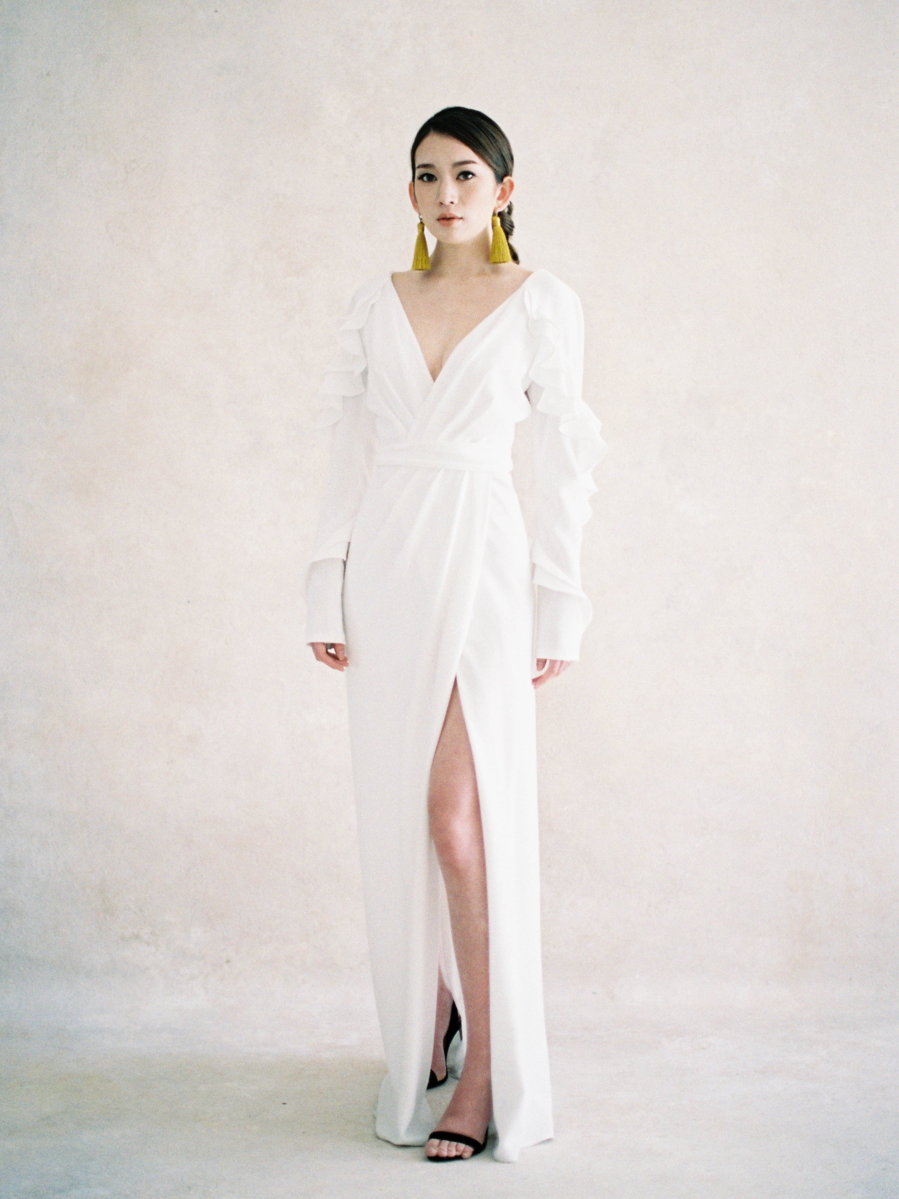 Satin - Low Back Long Sleeve Sheath Wedding Dress, White Jinza Bridal Satin - Low Back Long Sleeve Sheath Wedding Dress, White Jinza Bridal