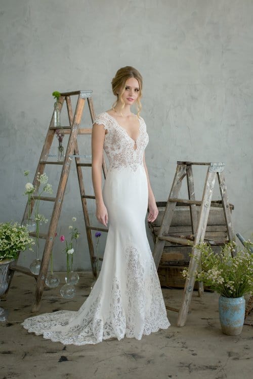 Silk Crepe, Lace - Fitted Trumpet Mermaid Wedding Dress, White Jinza Bridal Silk Crepe, Lace - Fitted Trumpet Mermaid Wedding Dress, White Jinza Bridal