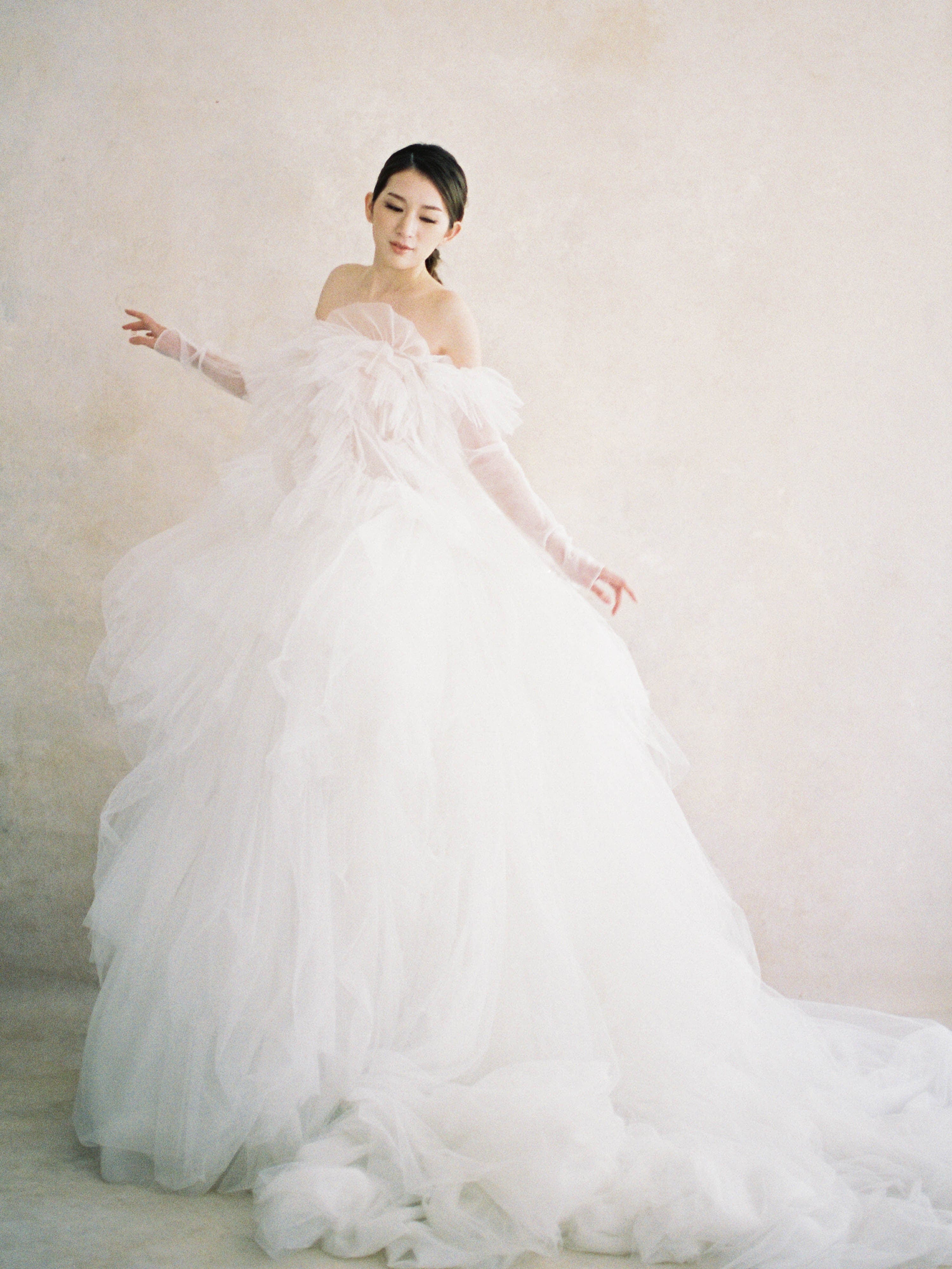 Silk Tulle Long Sleeve Strapless Ball Gown Wedding Dress