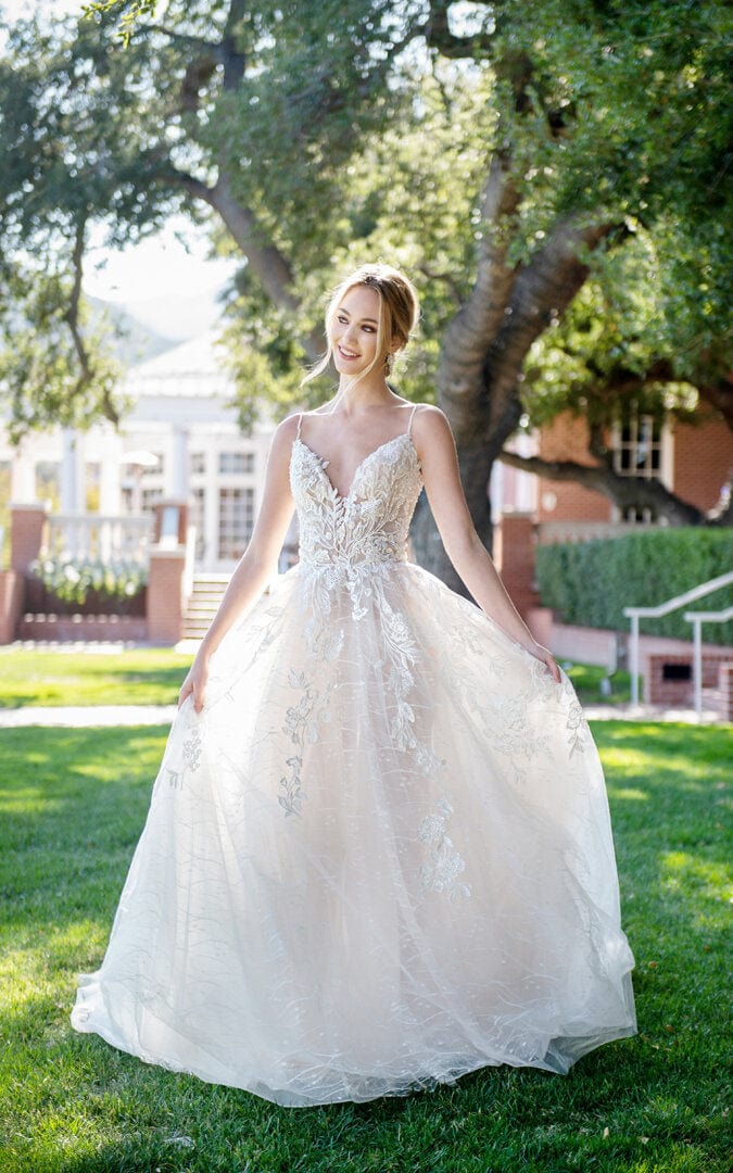 Striped Tulle - A-Line Spaghetti Strap Wedding Dress 3D Floral Lace, B Jinza Bridal Striped Tulle - A-Line Spaghetti Strap Wedding Dress 3D Floral Lace, B Jinza Bridal