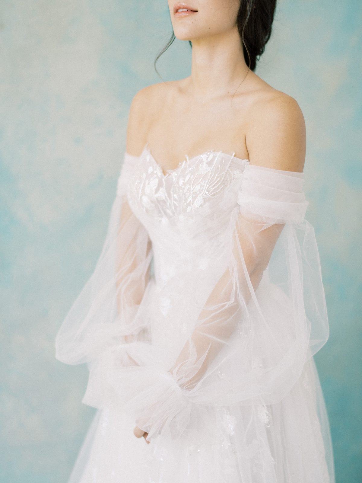 Jinza Bridal Tulle - A-Line Sweetheart Neckline Wedding Dress Lantern Puffy Sleeves, White