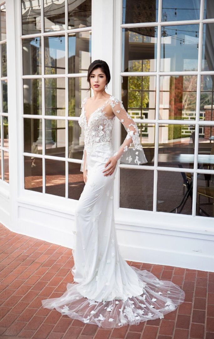 Tulle and Crepe - Fitted Lace Mermaid Wedding Dress Long Sleeve Low-Ba Jinza Bridal Tulle and Crepe - Fitted Lace Mermaid Wedding Dress Long Sleeve Low-Ba Jinza Bridal
