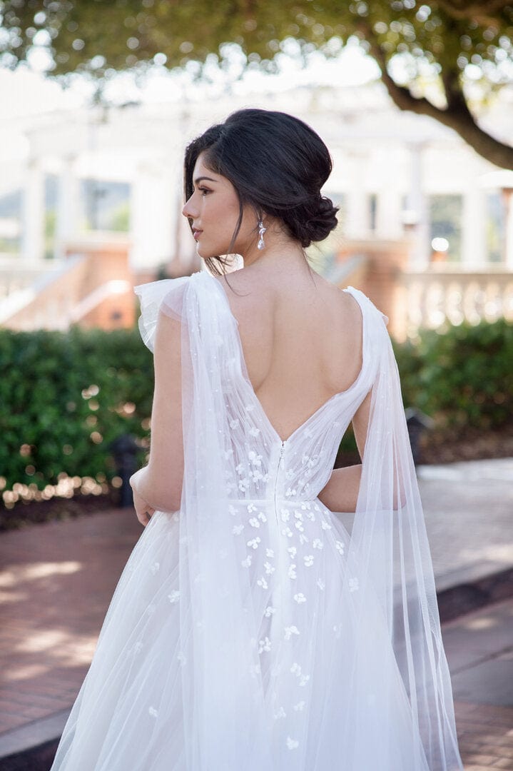 Tulle - Boho A-Line V Neckline Wedding Dress With Shoulder Train, Whit Jinza Bridal Tulle - Boho A-Line V Neckline Wedding Dress With Shoulder Train, Whit Jinza Bridal