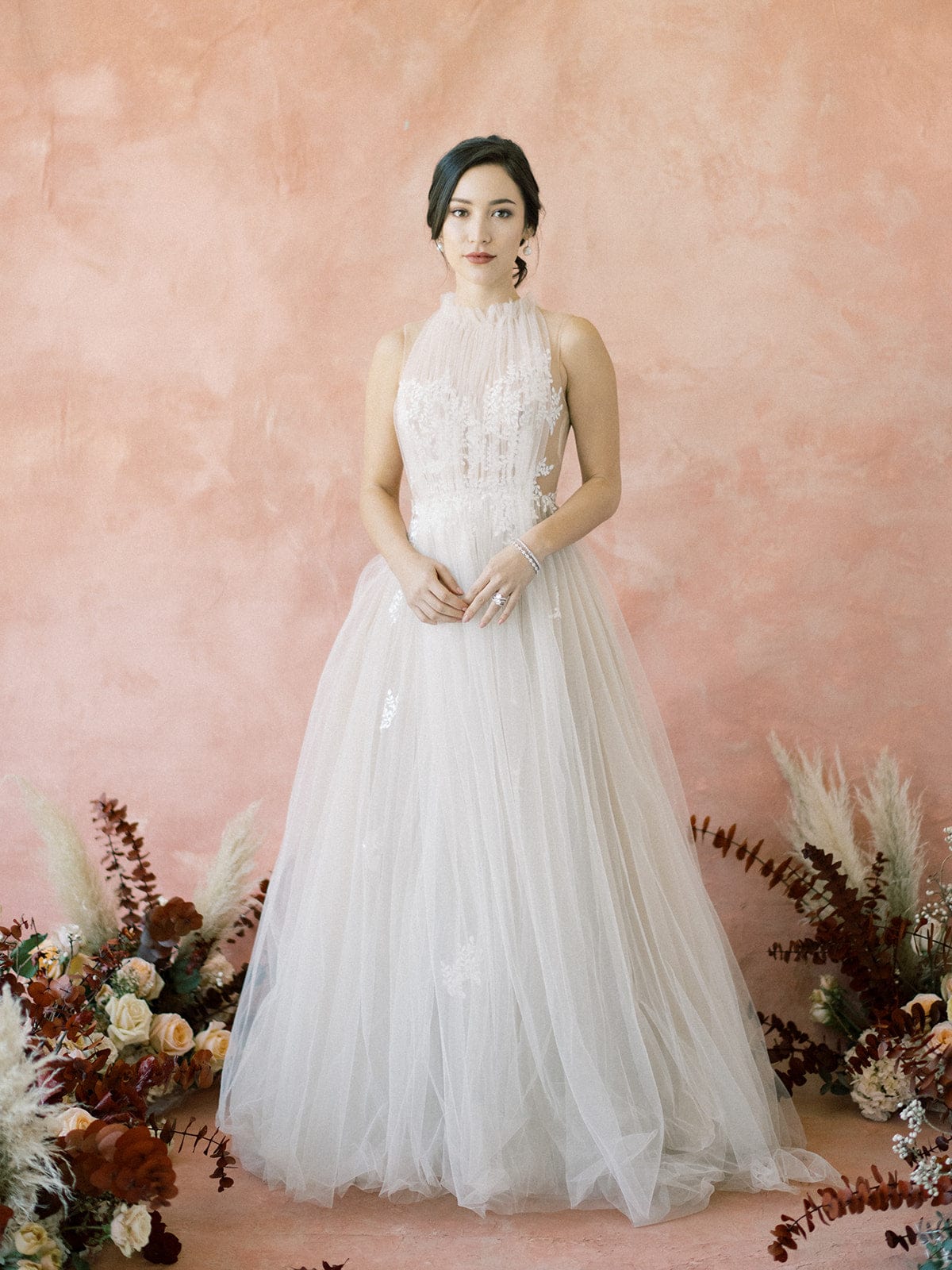 Tulle - Halter Neck Boho A-Line Lace Wedding Dress, Blush