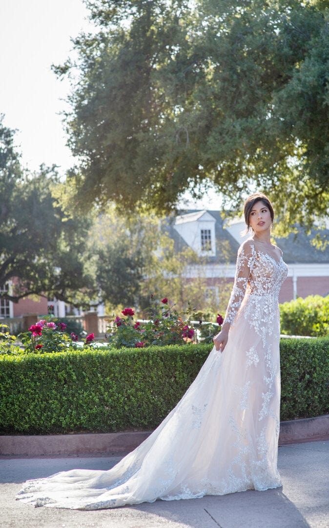 Tulle Long Sleeve Slim A-Line Beaded Lace Wedding Dress, White