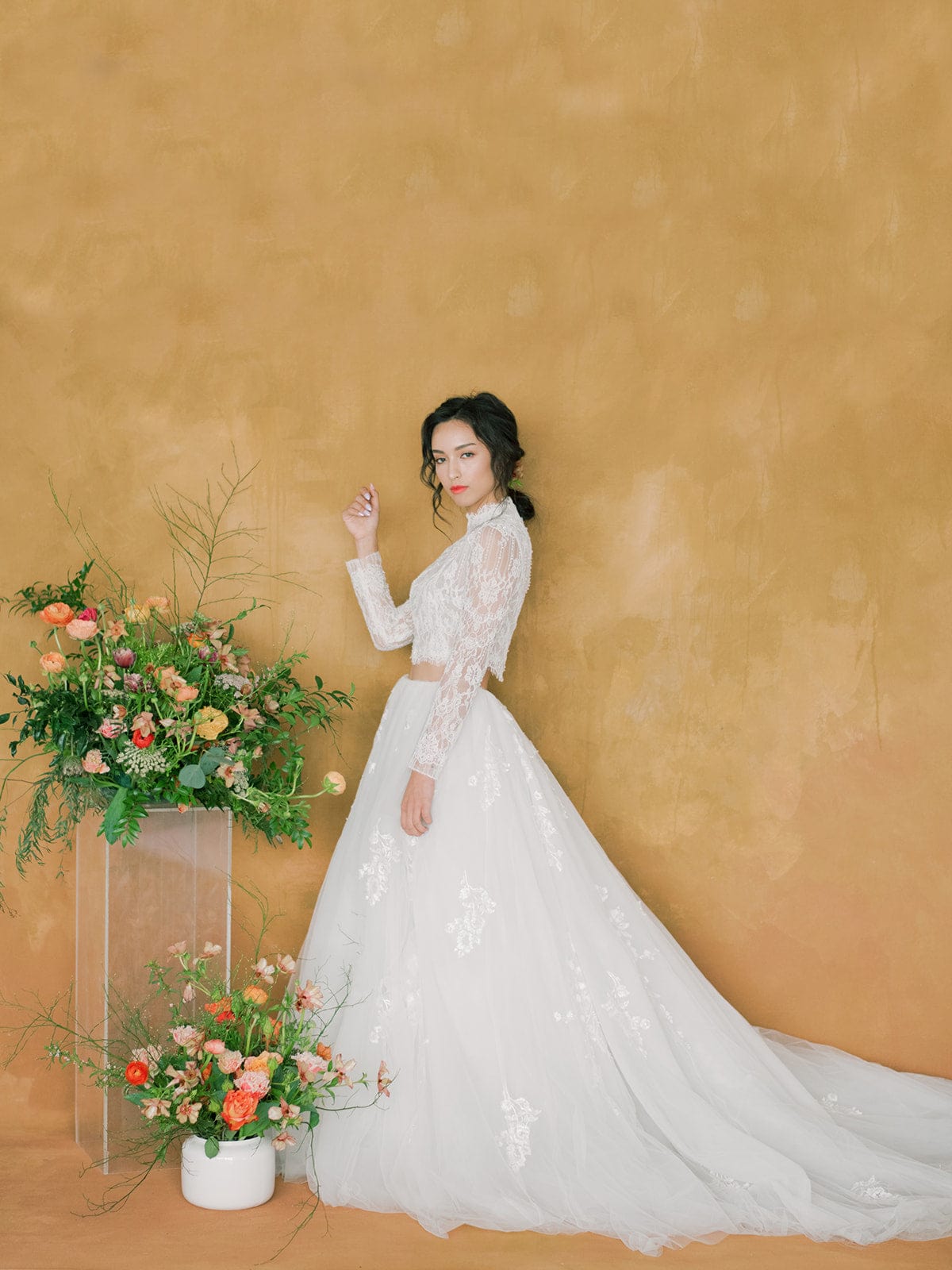 Lace Tulle - Two-Piece Crop Top High Neck with Full Skirt Wedding Dres Jinza Bridal Lace Tulle - Two-Piece Crop Top High Neck with Full Skirt Wedding Dres Jinza Bridal