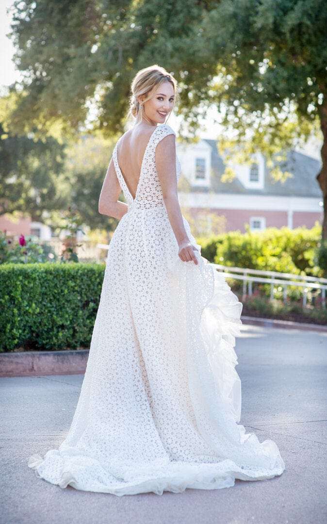 Crochet Lace - Slim A-Line Wedding Dress Cape Sleeves Open Slit, White Jinza Bridal Crochet Lace - Slim A-Line Wedding Dress Cape Sleeves Open Slit, White Jinza Bridal