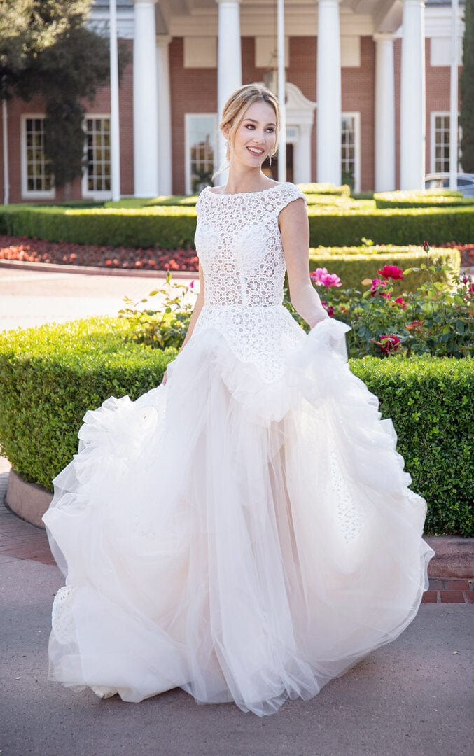 Crochet Lace - Slim A-Line Wedding Dress Cape Sleeves Open Slit, White – Jinza  Bridal