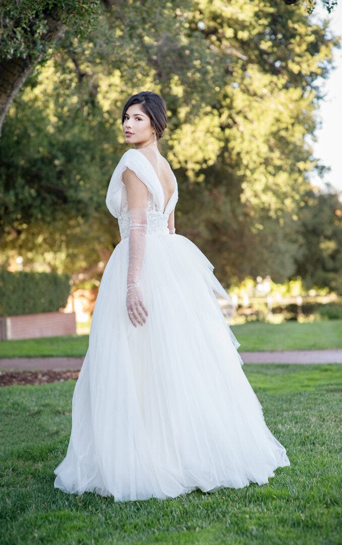 Folded Tulle - Simple A-Line V Neck Wedding Dress, White Jinza Bridal Folded Tulle - Simple A-Line V Neck Wedding Dress, White Jinza Bridal