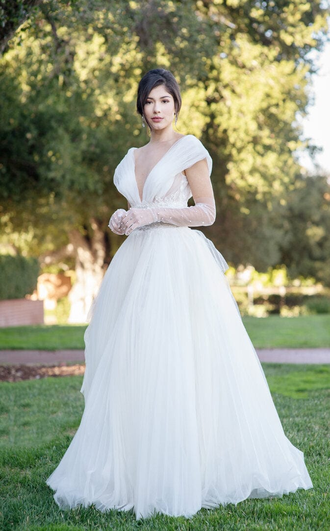 Folded Tulle - Simple A-Line V Neck Wedding Dress, White Jinza Bridal Folded Tulle - Simple A-Line V Neck Wedding Dress, White Jinza Bridal