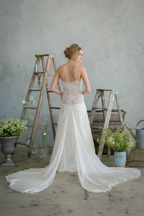 Jinza Bridal Silk Chiffon - Open Back Drop Waist A-Line Sheath Wedding Dress, Ivory