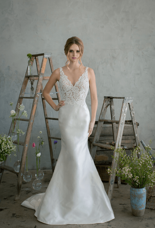 Jinza Bridal Silk Duchess Satin - Beaded Trumpet Mermaid Wedding Dress, White
