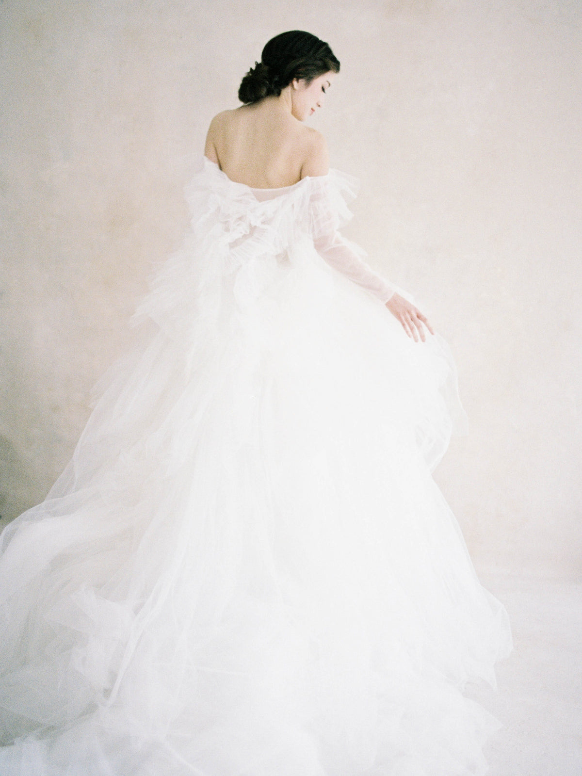 Silk Tulle - Long Sleeve Strapless Ball Gown Wedding Dress, Offwhite Silk Tulle - Long Sleeve Strapless Ball Gown Wedding Dress, Offwhite