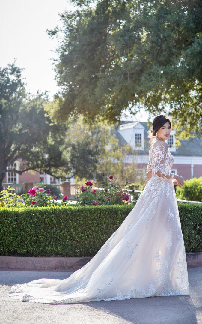 Tulle - Long Sleeve Slim A-Line Beaded Lace Wedding Dress, White Jinza Bridal Tulle - Long Sleeve Slim A-Line Beaded Lace Wedding Dress, White Jinza Bridal
