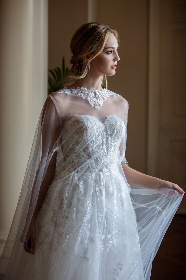 Tulle - Two-Piece A-Line Lace Wedding Dress With Detachable Cape, Whit Jinza Bridal Tulle - Two-Piece A-Line Lace Wedding Dress With Detachable Cape, Whit Jinza Bridal