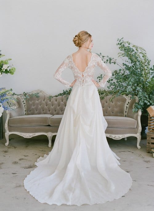 Silk Satin Organza - A-Line Long Sleeve Wedding Dress See-Through Lace Top,  Offwhite